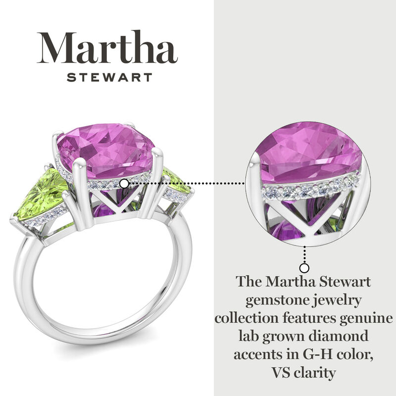 Martha Stewart 8ctw. Cushion Pink Sapphire, Peridot & Lab Grown Diamond Three Stone Ring In Sterling Silver image number null